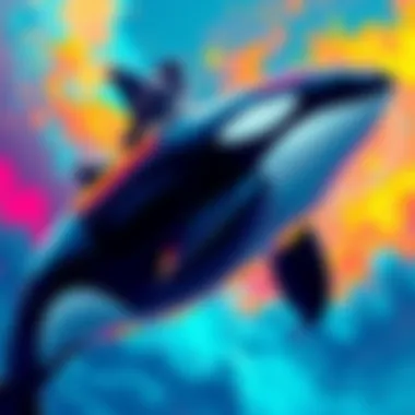 Colorful art piece featuring an orca whale swimming with a small bird perched on its back against a vibrant background.
