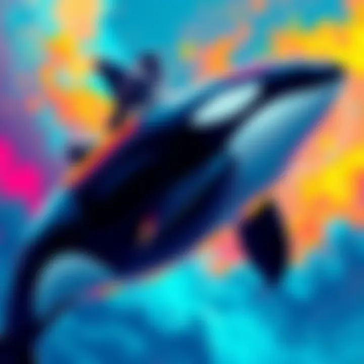 Colorful art piece featuring an orca whale swimming with a small bird perched on its back against a vibrant background.