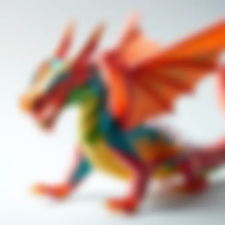 A colorful origami dragon created from folded paper, showcasing intricate designs and artistic flair.