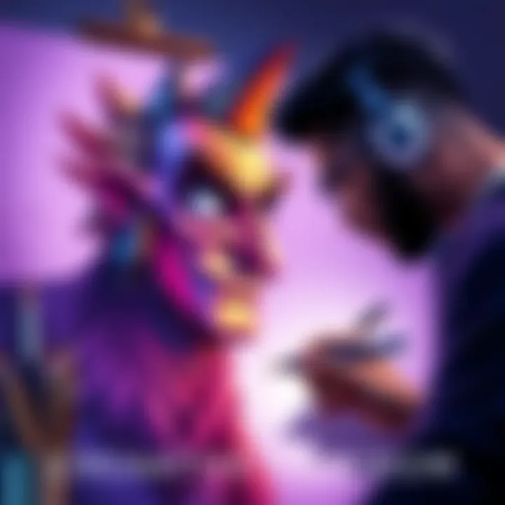 An artist sketching a unique character with vibrant colors and distinct features