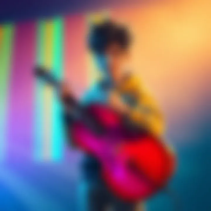 Character with Musical Instrument An original character holding a vibrant musical instrument that reflects their personality and passion, set against a colorful background that represents their story.