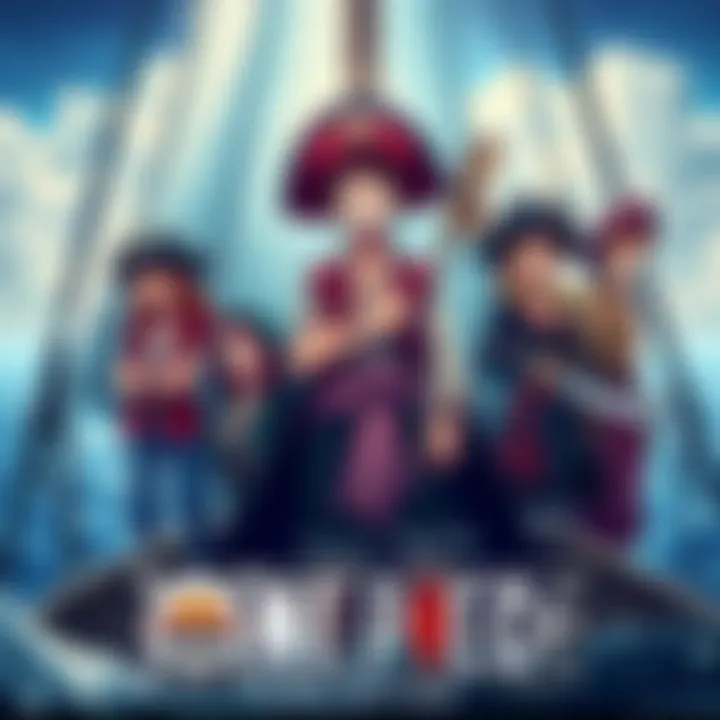 The seven main characters from One Piece live action series standing together on a ship, looking determined as they face the sea.
