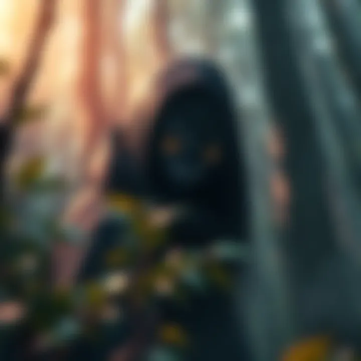 The character Orochimaru, a snake-like figure with long dark hair, watches from the shadows in a forest setting.