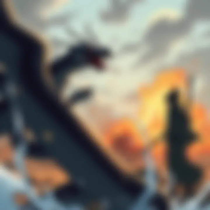 Illustration of Orochimaru summoning an 8-headed snake in battle, with Itachi standing ready with the Totsuka Blade.