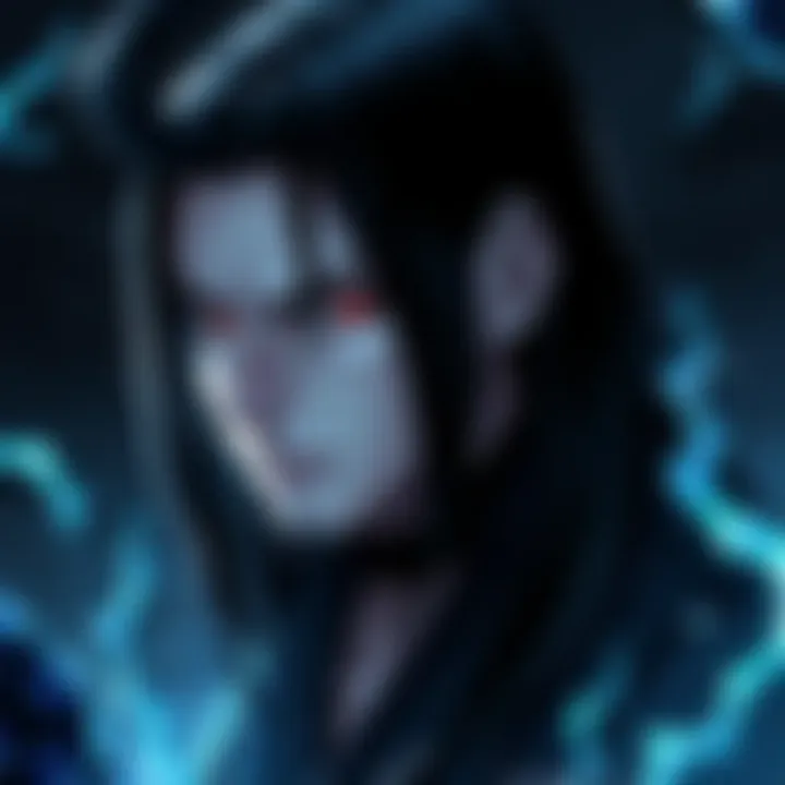 A detailed portrait of Orochimaru, showing his long black hair, pale skin, and snake-like features, with a dark, mysterious background.
