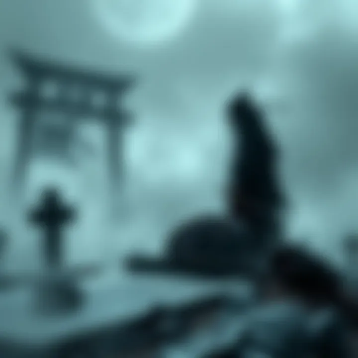 Orochimaru and Kabuto standing near an open grave, surrounded by dark shadows and eerie fog, looking at the remains of fallen shinobi.