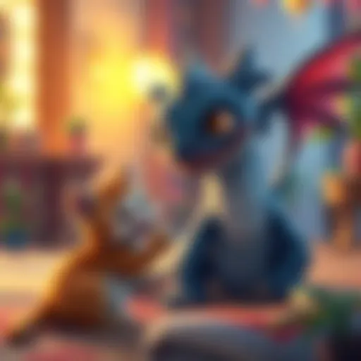 Orphan dragon and cat A young orphan dragon playfully interacting with a friendly cat in a warm, colorful setting, showcasing their bond and joyful atmosphere.