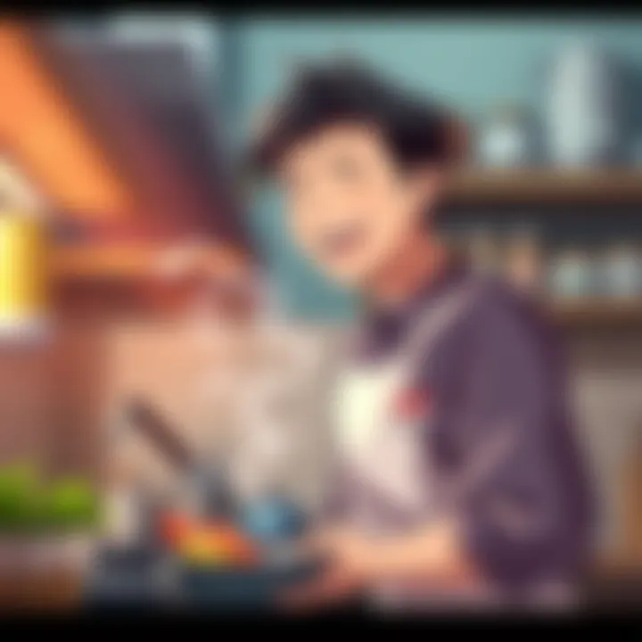 Osamu shows a big smile as he cooks in the kitchen, highlighting his joyful change in character.
