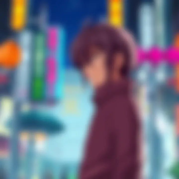 Otae, a character from Gintama, looks contemplative while standing in a lively scene, representing her complex personality.