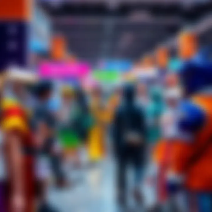 A group of anime fans in colorful cosplay outfits gathered at Otakon, showcasing various characters and enjoying the event atmosphere.