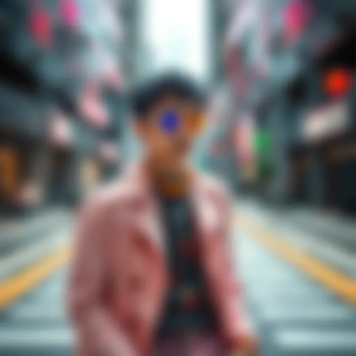 A stylish young man dressed in vibrant otokonoko fashion, featuring pastel colors and accessories, posing confidently in an urban setting.