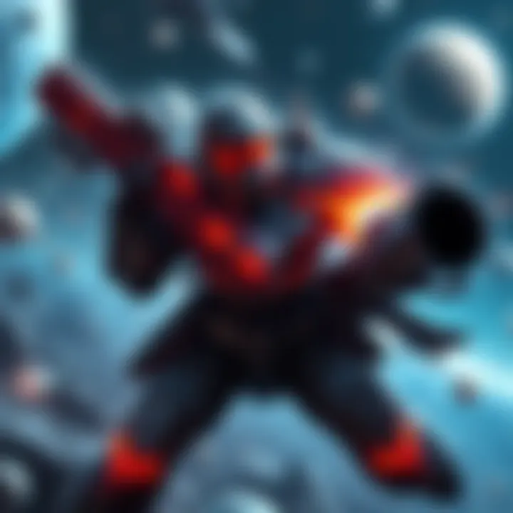 A futuristic soldier in high-tech armor fights in an epic space battle among stars and planets.