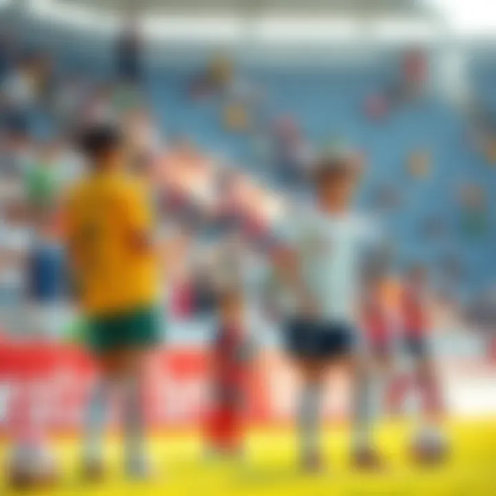 Otoya and Yukimiya, both young soccer players, in their team's uniforms, warming up on the sidelines, with fans cheering in the background.
