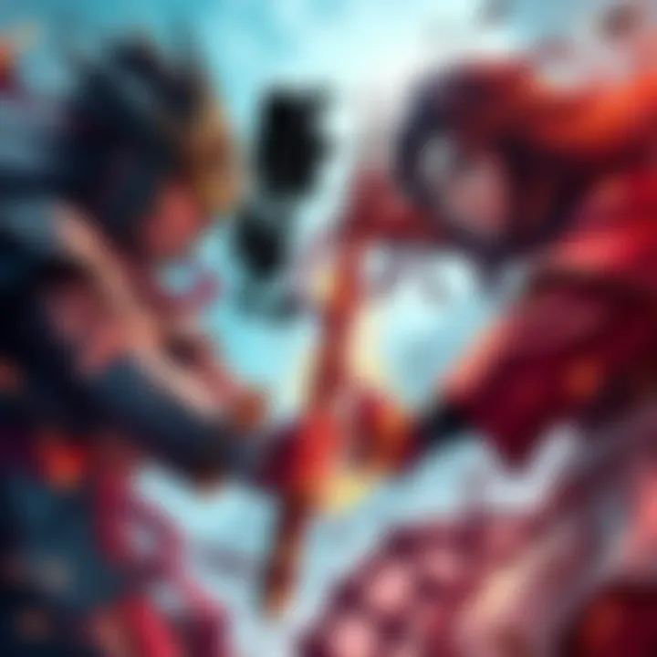 A dramatic scene showing Ouki and Kouyoku facing off in a fierce duel, showcasing their strength and determination.