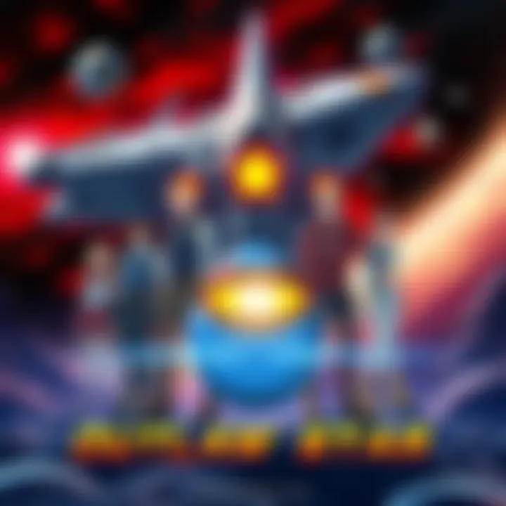 Main characters from Outlaw Star standing in front of their spaceship, with stars and planets in the background