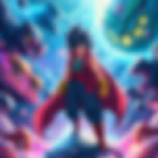 A powerful anime character standing confidently with a dramatic aura, surrounded by a colorful fantasy world