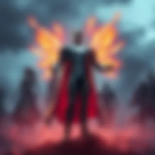An underrated hero stands confidently with glowing powers, surrounded by shadows of traditional characters.