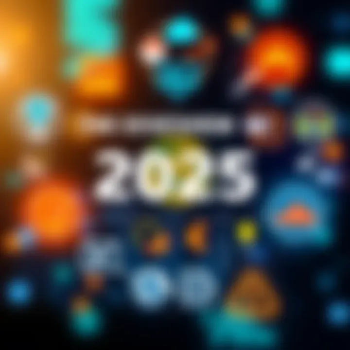 A graphic showing various icons representing technology, environment, and economy trends for 2025