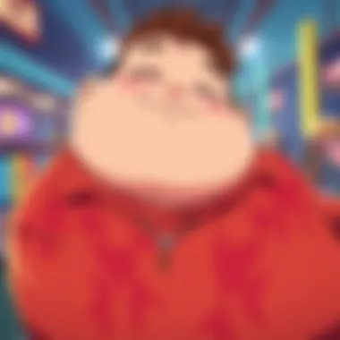 Overweight character in anime A humorous overweight anime character with a playful expression, engaging viewers during their first appearance