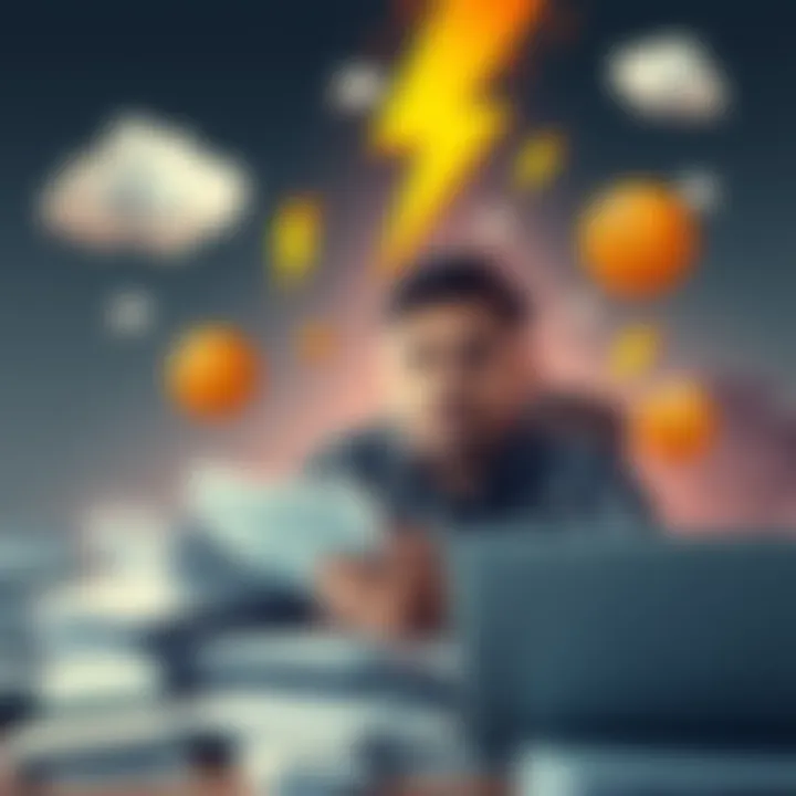 A person looking stressed while sitting at a desk piled high with papers, with humorous floating curse symbols like thunderclouds and funny faces around them.