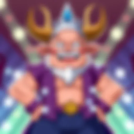 A cartoonish drawing of Ox-King from Dragon Ball Super, looking like a silly divorced dad with a goofy outfit, pretending to be a stripper. He has an exaggerated expression and is surrounded by humorous elements like flashy lights.