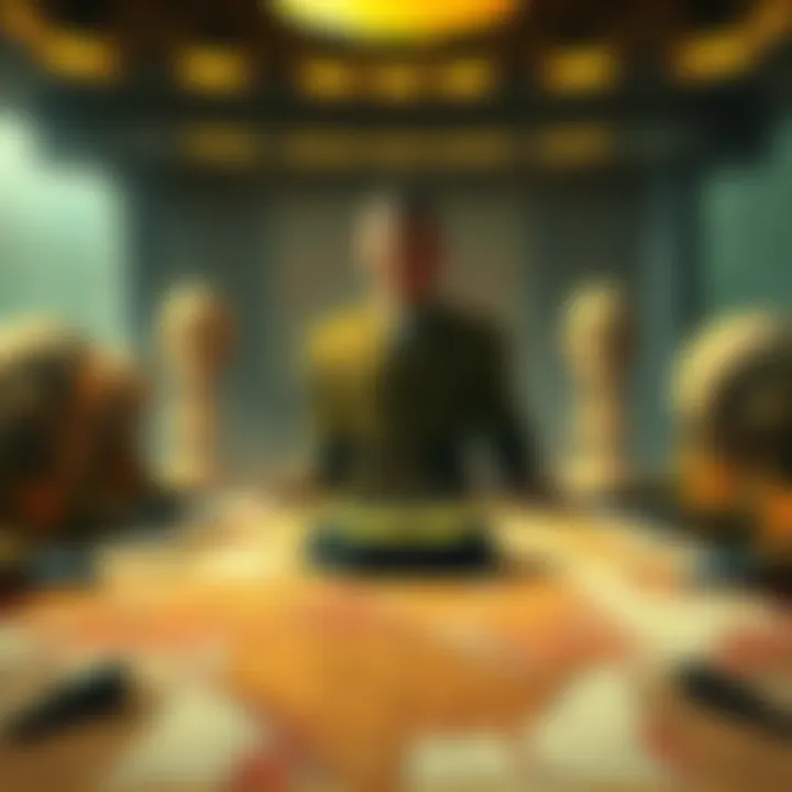 A figure resembling a powerful leader sits at a large table surrounded by maps and war plans, depicting a tense strategy meeting on the brink of conflict.