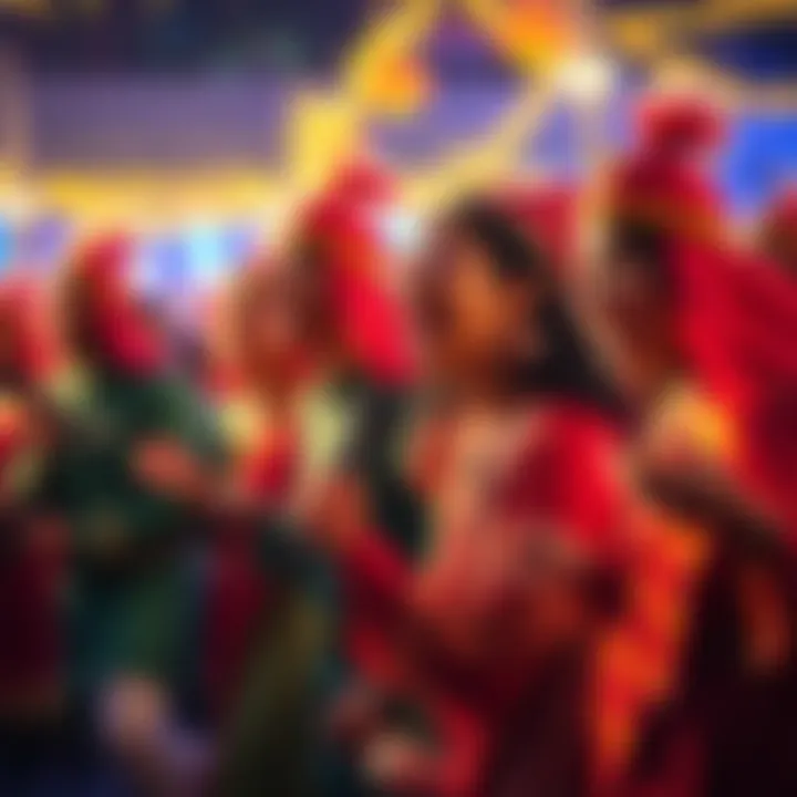 Group of cheerful people dressed in festive outfits singing and celebrating during Padoru Padoru season