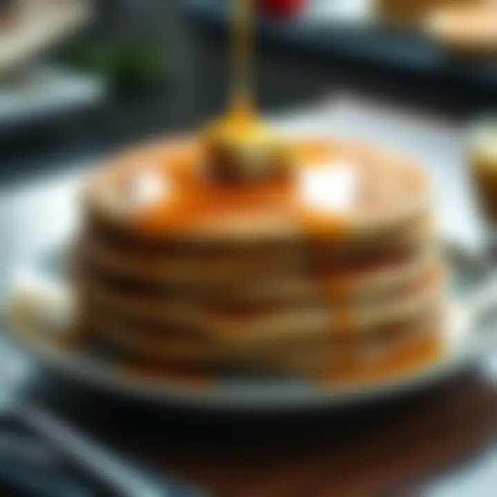A delicious stack of golden pancakes drizzled with syrup, topped with a pat of butter, on a breakfast table.