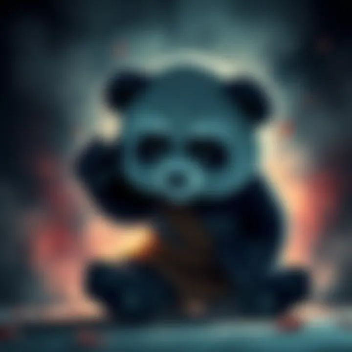 Panda character from Jujutsu, looking sad and plush-like, surrounded by shadows, symbolizing his struggles and challenges