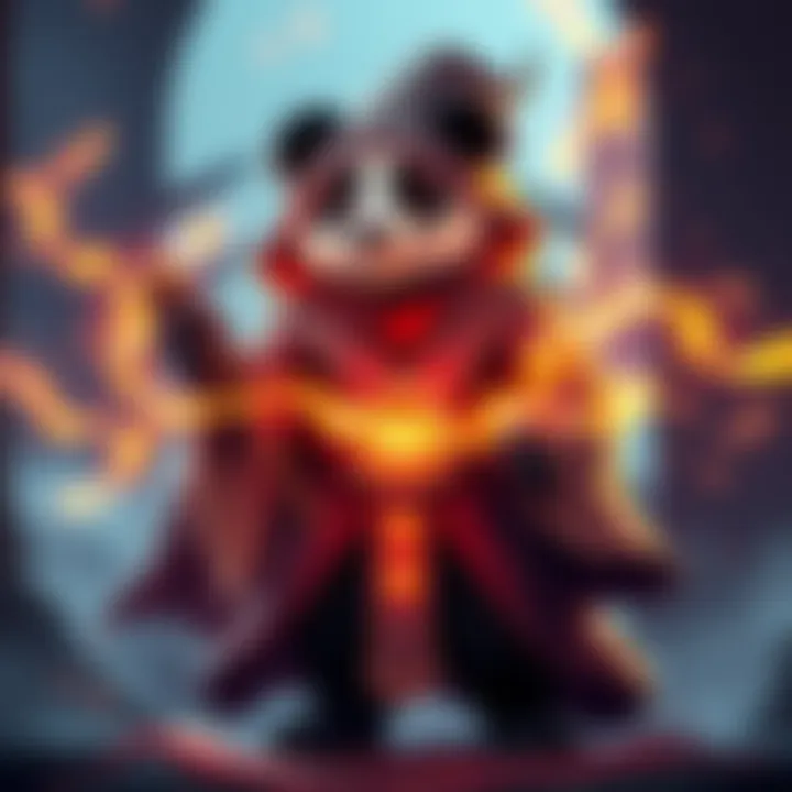 A character resembling a panda, dressed in magical robes with glowing powers, standing confidently with a staff in a mystical setting.