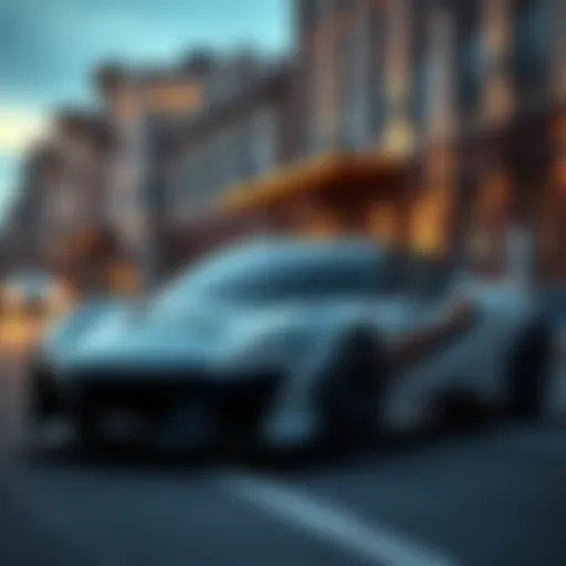 A sleek, modern car with a unique design showcasing its innovative features, parked on a city street