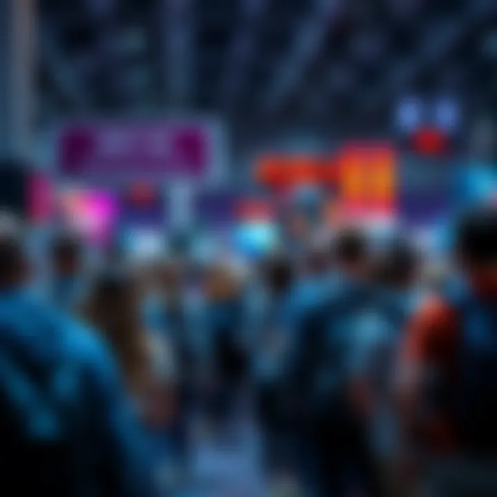 A group of people waiting in line to enter a panel at a convention, with signs and event banners in the background