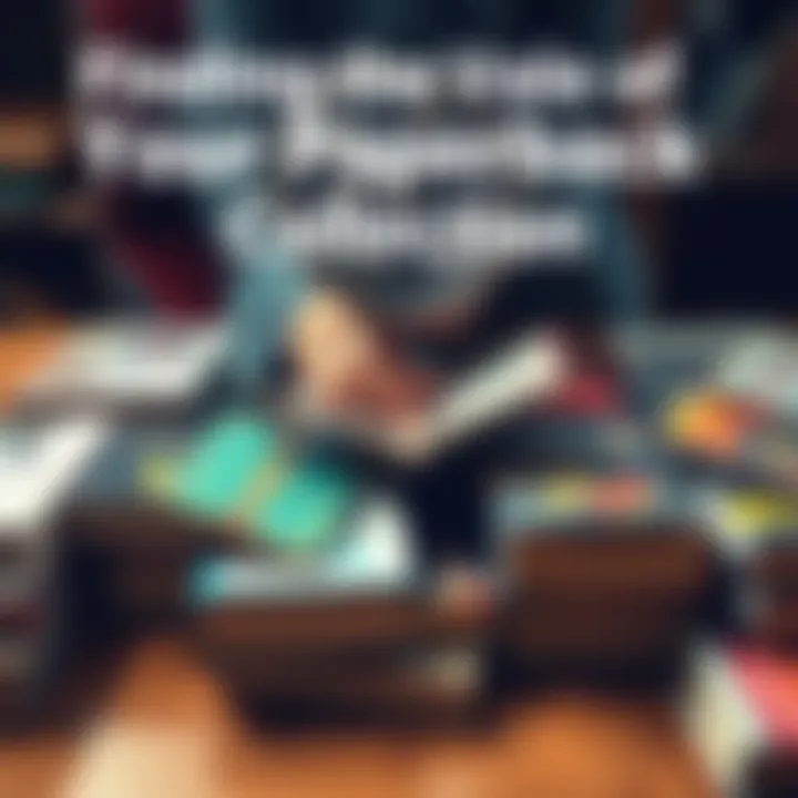 A person examining a collection of paperback books on a table, looking for valuable titles and noting their condition.