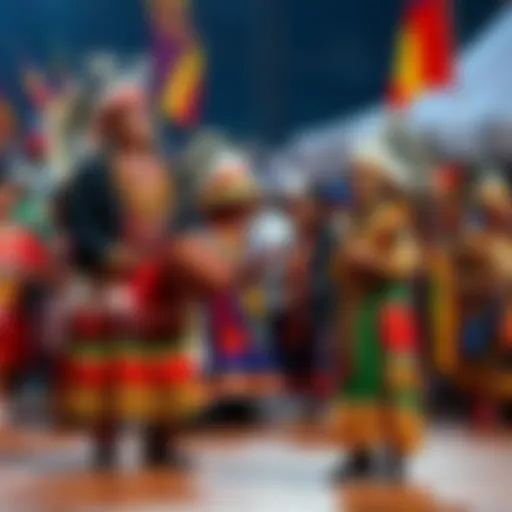 A colorful gathering of Paraud Indian people showcasing traditional clothing and dances at a festival.
