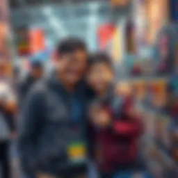 A parent and their 10-year-old son exploring Anime Milwaukee, surrounded by colorful anime merchandise and excited fans, with smiles on their faces.