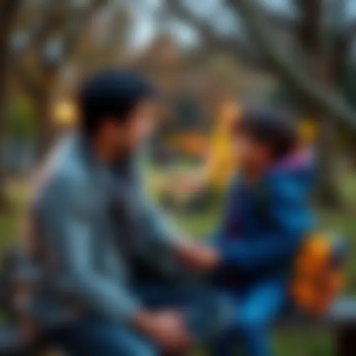A parent and child talking about values in a park setting, showcasing the importance of parental responsibility in community influence.