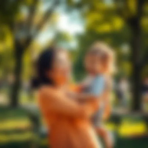 A parent holds their laughing child in a sunny park, showcasing the happiness of being together.