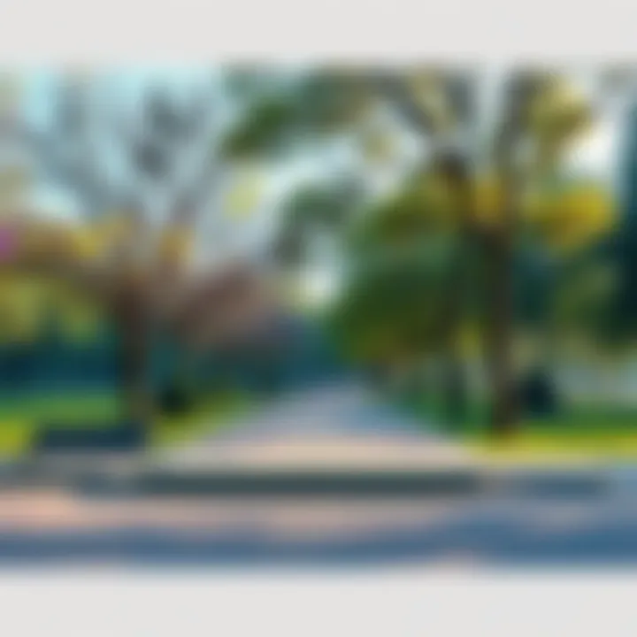 Park Soundtrack Elements A serene park with trees and benches, accompanied by musical notes floating in the air, symbolizing the beauty of sound in nature.