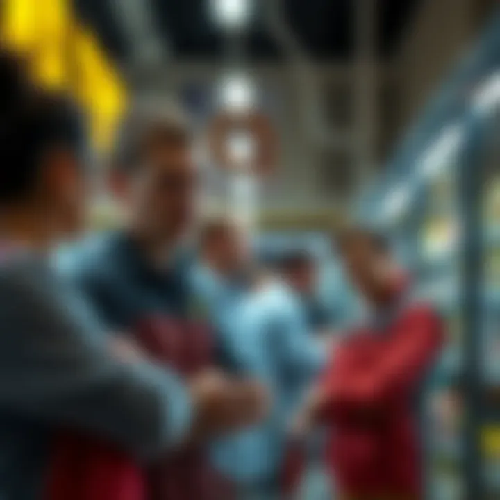 A group of frustrated part-time workers discussing their significant reduction in weekly hours at a local store.