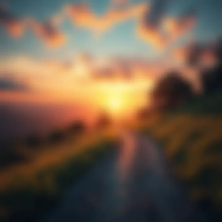 A serene path winding through nature towards a beautiful sunset, symbolizing the end of a journey.