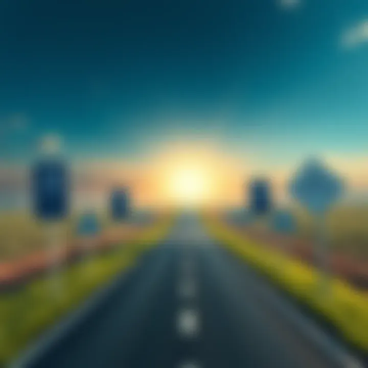 Path to Success A road lined with motivational signs leading to a bright horizon, symbolizing the journey to success.