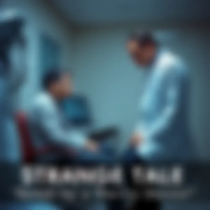 Patient meeting with doctor A patient sits nervously in an examination room, looking at a doctor with an odd expression. The doctor appears overly friendly, creating a strange atmosphere in the room.