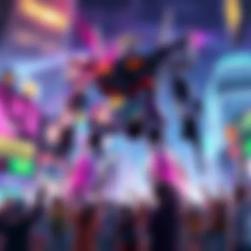 A colorful concept art featuring a giant robot inspired by Patlabor, set in a futuristic cityscape with excited fans in the foreground.