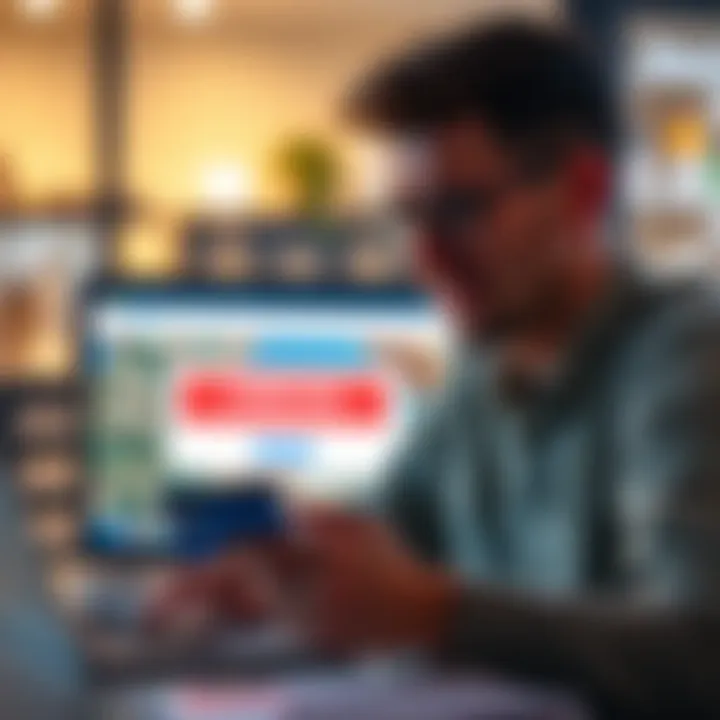 A person looking frustrated while holding a credit card, with a laptop showing a payment failure message on the screen.