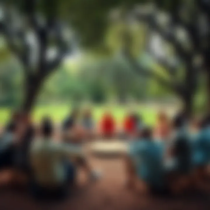 Peaceful Community Gathering A diverse group of people sitting in a circle, sharing thoughts and supporting each other in a calm outdoor setting, with trees and nature surrounding them.