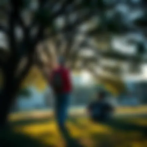 Two individuals relax under a large tree in a serene park, enjoying the calm and quiet atmosphere.
