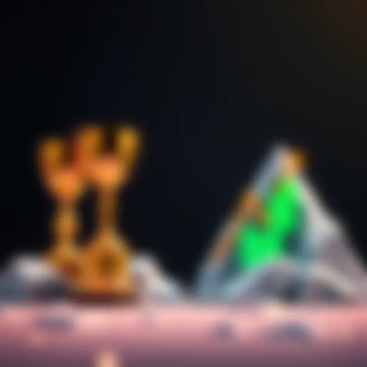 A visual comparison of two peaks representing sports achievements and financial growth, showcasing trophies and stock market graphs.