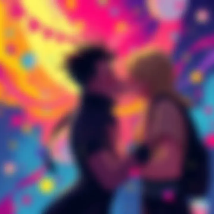 A colorful illustration of a unique kiss An artistic depiction of two characters sharing a peculiar kiss, surrounded by vibrant colors and shapes