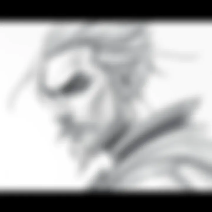 Detailed pencil sketch of the character Saga created by artist Umakoshi, showcasing fine lines and shading.