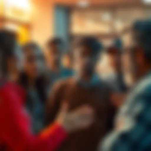 A group of people in conversation, some looking anxious and others supportive, highlighting the trend of seeking assistance